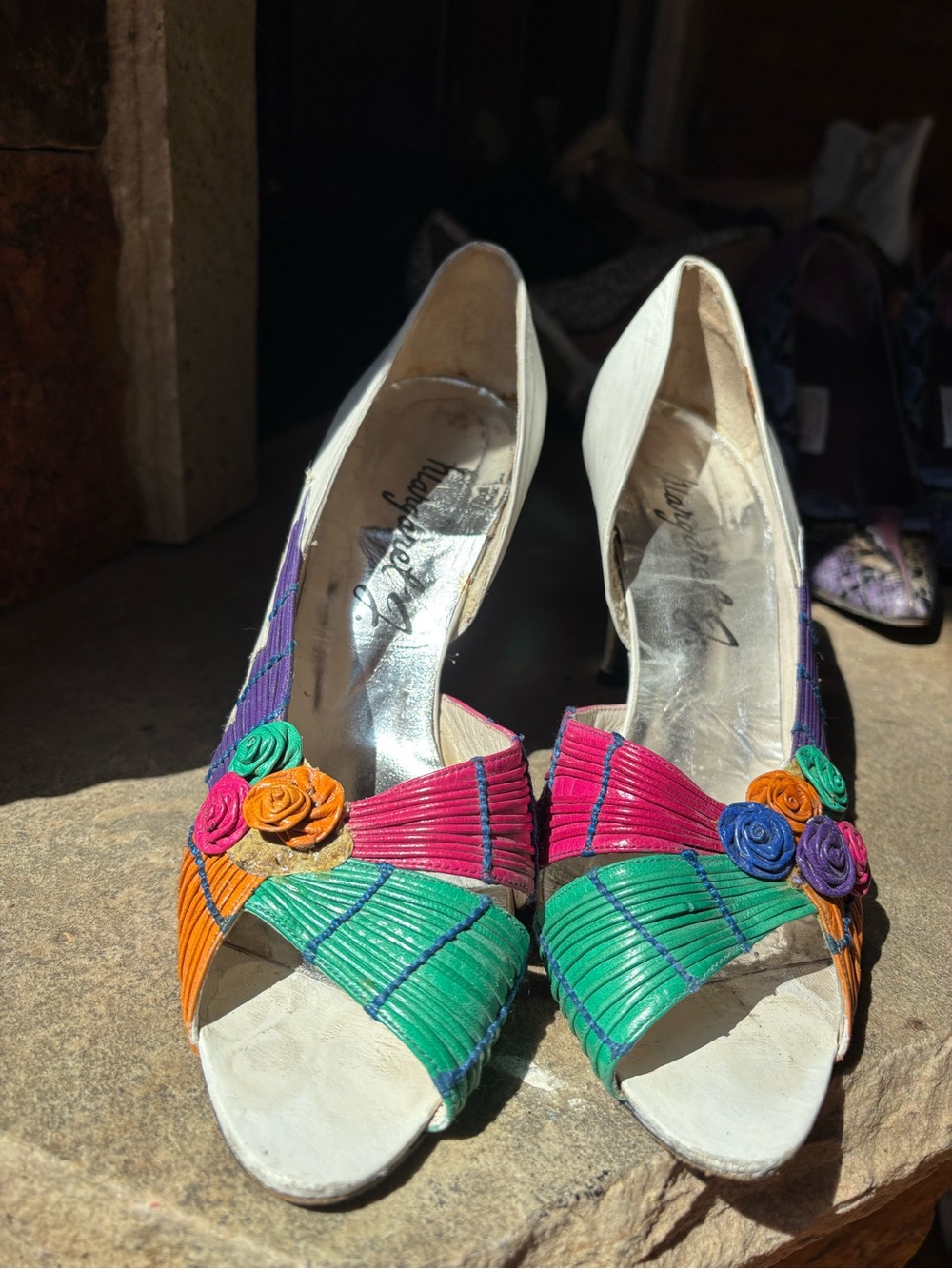 Vintage Margaret J Multicolor Leather Floral Peep Toe Heels Pumps Wearable Art